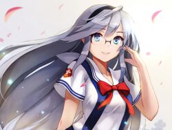  1girl absurdres ayameasato bad_id black_headband blue_eyes bow bowtie clannad glasses grey_hair headband highres long_hair petals red_bow red_bowtie sakagami_tomoyo school_uniform shirt white_background white_shirt 