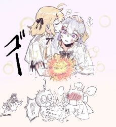  !? 3girls anisphia_wynn_palettia black_ribbon blonde_hair blush closed_eyes coat commentary_request euphyllia_magenta explosion fire gradient_background grey_hair hair_ribbon hand_on_another&#039;s_head ilia_coral jacket kiss kissing_cheek koyomania long_hair magic maid medium_hair multiple_girls neck_ribbon purple_background purple_eyes ribbon shirt spoken_interrobang tensei_oujo_to_tensai_reijou_no_mahou_kakumei torn_clothes torn_shirt white_coat white_jacket white_shirt yellow_background yellow_ribbon yuri 