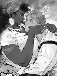  1boy 1girl arm_hair arms_around_waist bandana breasts collared_shirt curly_hair dark-skinned_female dark_skin earrings eye_contact eyeliner finger_in_another&#039;s_mouth greyscale head_on_another&#039;s_chest heart hetero highres interracial jewelry large_breasts large_earrings lips long_sleeves looking_at_another makeup monochrome necklace open_collar original ponytail profile shirt short_sleeves smile speech_bubble spoken_heart teeth twitter_username upper_body wing_collar yayayoshi 