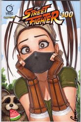  1girl antenna_hair bandana brown_eyes brown_hair don_(street_fighter) fingerless_gloves food fruit gloves hair_pulled_back heart heart-shaped_pupils high_ponytail highres ibuki_(street_fighter) long_hair mask mouth_mask ninja ninja_mask omar_dogan ponytail solo street_fighter street_fighter_iii_(series) symbol-shaped_pupils tanuki watermelon 