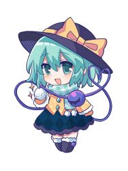 1girl adapted_costume black_hat boots bow buttons chibi chibi_only commentary diamond_button eyeball full_body green_eyes green_hair green_scarf green_skirt hashtag-only_commentary hat hat_bow heart heart_of_string highres komeiji_koishi long_sleeves looking_at_viewer mittens open_mouth orange_mittens scarf shirt silverrain simple_background skirt smile snowball solo third_eye touhou white_background yellow_bow yellow_shirt 