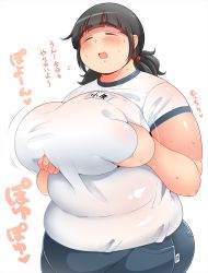  1girl blunt_bangs blush breast_hold breasts closed_eyes commentary_request fat fat_woman freckles gym_uniform highres huge_breasts large_breasts medium_hair open_mouth original shimejix short_sleeves sidelocks simple_background solo sweat taut_clothes thick_arms translation_request upper_body white_background 