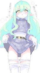  1girl absurdres blue_archive blue_jacket blue_skirt blush bow bow_panties buttons clothes_pull commentary_request cropped_jacket double-breasted gloves green_hair highres hikari_(blue_archive) jacket loli long_hair long_sleeves looking_at_viewer mocamocaink no_halo no_headwear nose_blush panties panty_pull pantyhose pantyhose_pull pleated_skirt pointy_ears shirt simple_background skirt skirt_hold solo sweat translation_request triangle_mouth underwear very_long_hair white_background white_gloves white_panties white_pantyhose white_shirt yellow_eyes 