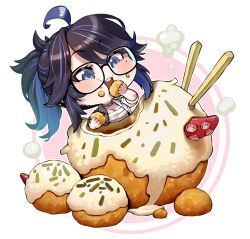  1girl agustinus ahoge bandages black_hair blue_eyes blue_hair breasts chest_sarashi chibi choker cleavage food holding holding_food indie_virtual_youtuber jacket kson long_hair mole mole_under_eye multicolored_hair open_clothes open_jacket open_mouth ponytail sarashi solo souchou streaked_hair takoyaki white_background 