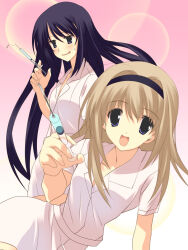  2girls aoi_sena black_hairband blonde_hair blurry blush bokeh breasts chaos;head collarbone depth_of_field dress hair_over_breasts hairband hat highres holding holding_syringe long_hair looking_at_object looking_at_viewer miniskirt multiple_girls nervous_sweating nishijou_nanami non-web_source nurse nurse_cap official_art open_collar open_mouth pink_background purple_eyes purple_hair sasaki_mutsumi short_sleeves skirt smile sweat sweatdrop syringe thighs 
