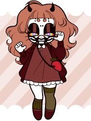  absurdres bag black_eyeshadow blunt_bangs bridge_piercing brown_hair chibi chibi_only colored_skin commission demon_horns dental_gag dreamalgia dress eyebrow_piercing eyelashes eyeshadow face_piercing highres horns kneehighs long_hair makeup multicolored_eyes original piercing rainbow_eyes ringed_eyes round_eyebrows shoes short_bangs single_kneehigh single_sock single_thighhigh socks teeth thighhighs white_skin 
