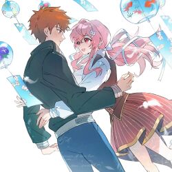  1boy 1girl artist_self-insert black_jacket breasts brown_vest commissioner_insert couple cross cross_print dress emiya_shirou fate/stay_night fate_(series) gaoyue_jixiang groom highres holding igote jacket momomiya_shizuku_(gaoyue_jixiang) oc_x_canon orange_hair pastels pink_eyes print_ribbon raglan_sleeves red_hair ribbon seasons vest watermark weibo_watermark 
