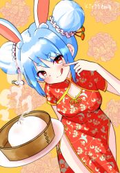  1girl :q animal_ear_fluff animal_ears bamboo_steamer blue_hair blush breasts brown_background china_dress chinese_clothes cleavage cleavage_cutout closed_mouth clothing_cutout commentary_request double_bun dress finger_to_cheek floral_background food hair_bun hand_up highres hololive kiritoma looking_at_viewer plate rabbit_ears red_dress red_eyes short_eyebrows short_sleeves signature small_breasts smile solo steam steamed_bun thick_eyebrows tongue tongue_out usada_pekora virtual_youtuber 