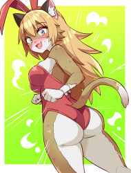  1girl animal_ears ass bare_shoulders blonde_hair blush breasts cougar_(cougar1404) fake_animal_ears from_behind furry green_eyes huge_ass leotard long_hair looking_at_viewer medium_breasts open_mouth original playboy_bunny rabbit_ears sideboob smile solo tail very_long_hair wrist_cuffs  rating:Sensitive score:2 user:armorcrystal