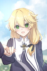 1boy blonde_hair child green_eyes hair_over_shoulder holding_hands honkai_(series) honkai_impact_3rd ioichiha long_hair long_sleeves low-tied_long_hair male_focus open_mouth otto_apocalypse sky watermark  rating:General score:1 user:danbooru