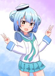  1girl aqua_neckerchief aqua_sailor_collar aqua_skirt blue_hair brown_eyes dixie_cup_hat double_bun double_v fang hair_bun hat highres ikuzu_nizyuni kantai_collection long_sleeves military_hat neckerchief open_mouth sailor_collar samuel_b._roberts_(kancolle) school_uniform serafuku short_hair shoulder_pads skin_fang skirt smile solo v white_hat 