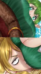  2girls blonde_hair breast_envy breast_focus breast_shadow breasts cleavage commission commissioner_upload dress earrings elf euphemy_sylvaine frieren_lap_pillow_(meme) green_dress green_eyes green_hair highres jewelry large_breasts lotte_farona meme multiple_girls official_art pierogizzasmazka pointy_ears shadow ways_of_darkness_(series) 