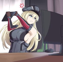  1girl anger_vein angry_german_kid bismarck_(kancolle) blonde_hair blue_eyes breasts brown_gloves detached_sleeves gloves grey_hat hat kantai_collection computer_keyboard large_breasts long_hair monitor computer_mouse peaked_cap shirt sleeveless sleeveless_shirt solo upper_body zuikillme 
