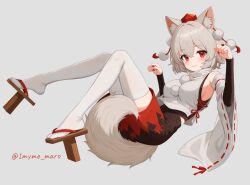  1girl animal_ears black_skirt breasts commentary_request detached_sleeves full_body grey_background grey_hair hat inubashiri_momiji looking_at_viewer marota medium_breasts red_eyes red_hat short_hair skirt solo tabi tail thighhighs tokin_hat touhou twitter_username white_sleeves white_thighhighs wide_sleeves wolf_ears wolf_girl wolf_tail 