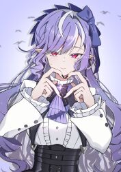  1girl absurdres ahoge ascot black_nails bow bowtie center_frills commentary_request frills gem hairband heart heart_hands highres long_hair looking_at_viewer mole mole_under_eye pointy_ears purple_ascot purple_bow purple_bowtie purple_gemstone purple_hair purple_hairband qingcha red_eyes shrug_(clothing) smile upper_body vivian_banshee white_shrug zenless_zone_zero 
