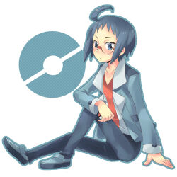  1boy blue_eyes blue_hair cheren_(pokemon) cubexcube glasses jacket male_focus nintendo poke_ball poke_ball_(basic) pokemon pokemon_bw shoes simple_background sitting solo white_background 