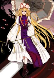  1girl 83mkneinlsqmebq absurdres blonde_hair boots brown_boots dress folded_fan folding_fan full_body gap_(touhou) hair_between_eyes hair_ribbon hand_fan hat highres holding holding_fan holding_umbrella long_hair long_sleeves looking_at_viewer mob_cap open_mouth purple_eyes purple_tabard red_eyes ribbon smile solo tabard teeth torii touhou twilight umbrella upper_teeth_only very_long_hair white_dress yakumo_yukari 