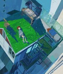  1boy absurdres androgynous awning black_shorts brown_hair building chair city day desk grass grey_shirt grey_slippers highres house ladder long_shirt lying on_back on_roof open_mouth original rooftop scenery shirt short_hair shorts slippers solo user_hach3437 wide_shot  rating:General score:2 user:danbooru