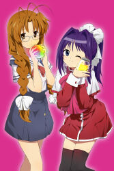  2girls ;) absurdres aged_down alternate_costume alternate_hairstyle antenna_hair bespectacled black_thighhighs blue_eyes blue_skirt blush bow braid braided_ponytail bread bread_bun brown_eyes brown_hair capelet chinese_commentary clannad closed_mouth commentary_request company_connection cowboy_shot crossover dress food furukawa_sanae glasses hair_between_eyes hair_bow hair_intakes hands_up high-waist_skirt highres hikarizaka_private_high_school_uniform holding holding_food jam kanon key_(company) long_hair long_sleeves looking_at_viewer minase_akiko mogege_gk multiple_girls one_eye_closed parted_bangs pink_background pink_bow ponytail purple_hair red_bow red_dress sailor_collar school_uniform serafuku shirt short_dress short_sleeves simple_background skirt smile split_mouth standing summer_uniform suspender_skirt suspenders thighhighs trait_connection very_long_hair white-framed_eyewear white_bow white_capelet white_sailor_collar white_shirt zettai_ryouiki 