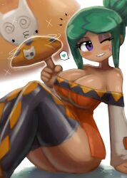 1girl @_@ absurdres arm_support black_thighhighs blush breasts cerebella_(skullgirls) cleavage collarbone dark_skin diamond_facial_mark diamond_on_cheek dizzy dress facial_mark green_hair grin hat heart highres large_breasts long_hair long_sleeves looking_at_viewer off-shoulder_dress off_shoulder one_eye_closed orange_dress orange_hat ponytail purple_eyes purple_lips sidelocks sitting skull skullgirls smile sparkle speech_bubble spoken_heart star_(symbol) teeth thick_thighs thighhighs thighs tony_welt twirling_hat unworn_hat unworn_headwear vice-versa_(skullgirls) wide_hips wink 