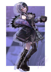  1girl absurdres black_boots black_choker black_coat black_dress black_hair black_thighhighs book boots breasts choker cleavage closed_mouth coat dress fur-trimmed_coat fur_trim grey_hair highres holding holding_book hololive hololive_english large_breasts long_hair looking_at_viewer multicolored_hair ribbon shiori_novella shiori_novella_(1st_costume) single_thighhigh smile solo split-color_hair striped_clothes striped_thighhighs thighhighs two-tone_hair virtual_youtuber white_ribbon yellow_eyes yorick_(shiori_novella) zolomon_(jarvis_lin) 