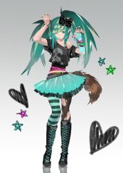  1girl animal_print aqua_hair aqua_skirt asymmetrical_legwear belt belt_charm black_shirt bow charm_(object) commentary cute_x_subculture_hatsune_miku_design_contest english_commentary fashion fingerless_gloves flat_chest gao gloves hair_bow hatsune_miku highres leopard_print midriff_peek mismatched_legwear multicolored_hair raccoon_tails_(hairstyle) scene_cut scene_fashion shirt shoes single_glove skirt skull_print sneakers solo streaked_hair studded_belt tail_keychain tutu twintails vocaloid wristband zensoko 