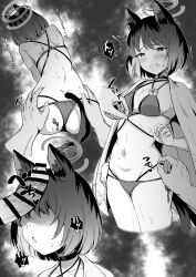  1girl animal_ears ass back bikini black_choker blue_archive blush cat_ears cat_girl cat_tail choker greyscale halo highres japanese_clothes kikyou_(blue_archive) kikyou_(swimsuit)_(blue_archive) layered_bikini monochrome multiple_tails navel official_alternate_costume penis penis_awe penis_on_face po_(podi_mahattaya) short_hair side-tie_bikini_bottom string_bikini swimsuit tail tuggin two_tails 