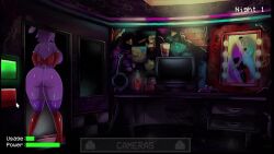  1girl animal_ears animated animated_gif animatronic ass ass_shake bonnie_(fnaf) boots breasts buttons camera cleavage clock colored_skin cursor desk elbow_gloves english_text five_nights_at_freddy&#039;s five_nights_in_anime:_after_hours_(fangame) five_nights_in_anime_(fangame) from_behind furry furry_female gameplay_mechanics genderswap genderswap_(mtf) gloves high_heels huge_breasts large_breasts leotard monitor non-web_source office playboy_bunny poster_(object) purple_hair purple_skin rabbit_ears rabbit_tail red_boots red_gloves red_leotard shiny_skin short_hair solo strapless strapless_leotard tail thighhighs video_game 