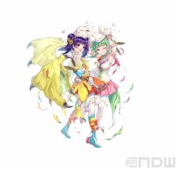 2girls absurdres alternate_costume animal_ears animal_hat ankle_lace-up armpits blue_footwear blue_legwear blunt_bangs bow bow_legwear braid capelet carrot_necklace coattails collarbone cross-laced_clothes cross-laced_legwear damaged dragon_girl dragon_wings dragonstone dress fake_animal_ears fire_emblem fire_emblem:_the_sacred_stones fire_emblem_awakening fire_emblem_heroes flat_chest floral_print flower gloves green_hair green_wings hair_flower hair_ornament hair_tie hat high-waist_skirt high_heels highres holding holding_wand injury jewelry lapels long_hair magical_girl miniskirt miwabe_sakura multi-tied_hair multicolored_legwear multiple_girls myrrh_(fire_emblem) nah_(fire_emblem) necklace nintendo official_alternate_costume official_art orange_bow orange_dress pale_skin pantyhose pink_scarf pink_skirt pointy_ears polka_dot purple_eyes purple_hair rabbit_ears rabbit_hat red_eyes ribbon ryona scarf see-through_clothes short_dress skirt sleeveless sunflower torn_clothes torn_legwear twin_braids twintails vest wand white_gloves white_pantyhose wince wings yellow_vest yellow_wings rating:Sensitive score:7 user:PokaraNoOobabasama