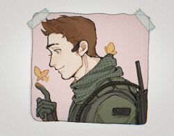  1boy black_gloves brown_eyes brown_hair bug butterfly closed_mouth cropped_torso earpiece from_side gloves green_jacket ichongz index_finger_raised insect jacket looking_at_animal looking_down male_focus photo_(object) piers_nivans plaid_clothes profile resident_evil resident_evil_6 scarf short_hair smile solo tape upper_body walkie-talkie 