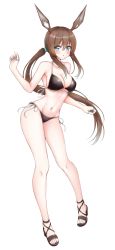 1girl absurdres amiya_(arknights) animal_ears arknights bare_shoulders benedia bikini black_bikini blue_eyes breasts brown_hair cleavage collarbone commentary_request female_focus full_body groin hair_ornament halterneck highres jewelry large_breasts long_hair looking_at_viewer low_ponytail navel parted_lips ponytail rabbit_ears ring sandals side-tie_bikini_bottom simple_background solo string_bikini swimsuit very_long_hair white_background rating:Sensitive score:11 user:danbooru