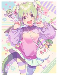  1boy 2girls artist_name bag bandaid blue_bow blue_eyes blue_skirt border bow breasts bun_cover character_bag chibi cleavage_cutout closed_mouth clothing_cutout color_connection commentary cowboy_shot demon_horns donut_hair_bun double_bun draco_centauros draco_centauros_(charmy) dragon_horns dragon_tail fang food hair_bobbles hair_bow hair_bun hair_color_connection hair_ornament hands_up highres horns ice_cream ice_cream_cone jewelry kuroda_(kuro_yyy) lidelle_(puyopuyo) long_hair mandarin_collar medium_breasts multiple_girls multiple_scoops nail_art nail_polish official_alternate_costume open_mouth pantyhose pink_shirt pleated_skirt pointy_ears polka_dot_pantyhose puffy_sleeves purple_shirt puyo_(puyopuyo) puyopuyo puyopuyo_quest rainbow_bow red_bow red_eyes ring satan_(puyopuyo) shirt short_hair shoulder_bag signature skirt smile solo_focus standing star_(symbol) striped_clothes striped_pantyhose tail white_bag white_border yellow_bow 