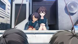  2boys 2girls :o arms_on_knees black_hair black_stripes blazer blue_sailor_collar bob_cut bow brown_eyes brown_hair buttons chest_bow child chuo_tanegashima_high_school_uniform chuo_tanegashima_high_winter_school_uniform closed_eyes collarbone daitoku_junna dark-skinned_female dark_skin fukuda_tomonori game_cg grey_jacket grey_shirt hair_between_eyes head_on_another&#039;s_shoulder high_ponytail highres jacket knees_up leaning_on_person leaning_to_the_side long_sleeves looking_at_another looking_at_viewer mecha motor_vehicle multiple_boys multiple_girls non-web_source official_art on_truck open_mouth ponytail ponytail_with_braided_base red_bow robot robotics;notes sailor_collar school_uniform senomiya_akiho shiny_lips shiny_skin shirt short_hair side-by-side sitting sleeping sleeping_on_person sleeping_upright smile truck 