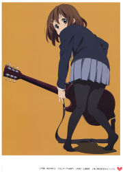  1girl absurdres back black_pantyhose blazer brown_eyes brown_hair electric_guitar gibson_brands_inc gibson_les_paul guitar hair_ornament hairclip highres hirasawa_yui horiguchi_yukiko instrument jacket k-on! leaning official_art pantyhose sakuragaoka_high_school_uniform scan school_uniform short_hair simple_background skirt solo third-party_source winter_uniform 