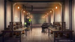 alcohol_burner beaker book book_stack chalkboard copyright_notice flask indoors industrial_pipe jar laboratory lamp machine nijisanji no_humans official_art open_book round-bottom_flask sakais3211 scenery stool table test_tube_rack tile_floor tiles 