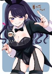  1boy 1girl absurdres animal_ear_hairband animal_ears black_bow black_bowtie black_hair black_leotard black_nails black_thighhighs blue_eyes bow bowtie breasts chibi chibi_inset cleavage clenched_teeth coattails collar collarbone commentary_request detached_collar fake_animal_ears garter_straps gojou_wakana hairband hand_up heart highleg highleg_leotard highres izayoi_arisa large_breasts leaning_forward leotard long_hair long_sleeves looking_at_viewer nail_polish playboy_bunny rabbit_ear_hairband rabbit_ears rabbit_tail shimotsukishin sono_bisque_doll_wa_koi_wo_suru strapless strapless_leotard tail tailcoat tailcoat_playboy_bunny teeth thighhighs traditional_bowtie tuxedo two-tone_background white_background white_collar 