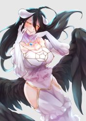  1girl ahoge albedo_(overlord) ayatake_noboru bare_shoulders black_hair black_wings breasts cleavage demon_girl demon_horns dress female_focus gloves hair_between_eyes highres hip_vent horns large_breasts long_hair looking_at_viewer overlord_(maruyama) smile solo white_dress white_gloves wings yellow_eyes  rating:Sensitive score:6 user:Touchtail