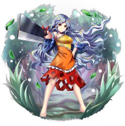  1girl barefoot breasts cleaver closed_mouth detached_sleeves diamond_cutout dress falling_leaves forest game_cg grass grey_hair hand_on_own_hip highres holding holding_cleaver large_breasts leaf long_hair looking_at_viewer multicolored_dress nature official_art orange_dress outdoors red_dress red_eyes rotte_(1109) sakata_nemuno single-shoulder_dress single_bare_shoulder single_strap solo third-party_source toes touhou touhou_lostword transparent_background tree very_long_hair wavy_hair yellow_dress 