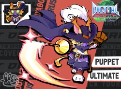  black_cape black_hat black_pants body_fur brown_gloves cape cat chibi chibi_inset digimon digimon_(creature) eth_dnautiluss eye_mask full_body gloves hat hat_feather highres holding holding_sword holding_weapon nyabootmon pants purple_mask solo_focus sword weapon yellow_fur 