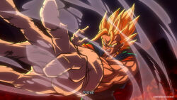  1boy blonde_hair blue_pants blue_sash blue_shirt colorized dragon_ball dragon_ball_super dragon_ball_super_broly dragonball_z gloves green_eyes highres male_focus medium_hair muscular muscular_male orange_shirt pants sash shirt solo spiked_hair super_saiyan super_saiyan_1 takahashi_yuuya twitter_username vegetto white_gloves 