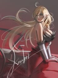  1girl absurdres bare_shoulders blonde_hair breasts car car_interior cleavage collarbone dress elbow_gloves feather-trimmed_dress feather-trimmed_gloves feather_trim frilled_dress frills gloves hair_ribbon highres kiss-shot_acerola-orion_heart-under-blade kizumonogatari large_breasts long_hair monogatari_(series) motor_vehicle notgustiarp oshino_shinobu pointy_ears red_dress ribbon smile solo strapless strapless_dress vampire very_long_hair white_gloves wind yellow_eyes 