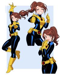  1girl absurdres animification belt bodysuit boots brown_eyes brown_hair closed_eyes full_body gloves high_heel_boots high_heels highres kitty_pryde marvel nervous nico-neko one_eye_closed ponytail shadowcat simple_background smile solo superhero_costume teeth thumbs_up x-men yellow_gloves 