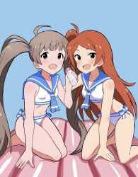  2girls absurdres ahoge armpits bare_arms bare_legs barefoot bikini blue_background blue_neckerchief blue_sailor_collar blunt_bangs blush breasts brown_eyes brown_hair collarbone dot_nose hakozaki_serika hand_on_ground highres holding idolmaster idolmaster_million_live! idolmaster_million_live!_theater_days kneeling long_hair looking_at_viewer lotion_bottle lotion_play lube mat_play multiple_girls navel neckerchief nejime_(nejimeinu) ogami_tamaki open_mouth orange_eyes orange_hair parted_bangs sailor_collar sailor_swimsuit_(idolmaster) side-tie_bikini_bottom side_ponytail sidelocks simple_background small_breasts smile swimsuit teeth twintails upper_teeth_only v-shaped_eyebrows very_long_hair white_bikini 