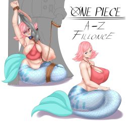 1boy 1girl absurdres ass breasts clothed_sex clothes colored_skin fillonce grey_skin half-closed_eye hetero highres huge_ass large_breasts large_penis looking_at_viewer male_pubic_hair medium_hair mermaid monster_girl nipples one_breast_out one_piece penis pink_hair pubic_hair restrained rope scared sex simple_background sunnysundown veins veiny_penis white_background rating:Explicit score:76 user:xAkira