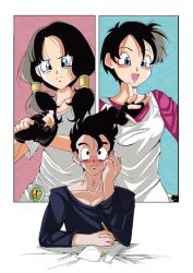 adjusting_clothes adjusting_gloves aenna00 asymmetrical_hair black_gloves black_hair blue_eyes blue_shirt blush broken_pencil brooch closed_mouth commentary dragon_ball dragonball_z dual_persona fingerless_gloves gloves hetero highres holding holding_pencil imagining jewelry long_sleeves low_twintails official_alternate_costume official_alternate_hairstyle open_mouth paper pencil pink_shirt serious shirt short_hair short_sleeves smile son_gohan twintails vest videl white_background white_shirt white_vest 