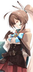  1girl absurdres adarin ahoge arm_behind_back belt blue_bow blue_bowtie borrowed_clothes bow bowtie brooch brown_cape brown_corset brown_gloves brown_hair cape cleavage_cutout closed_eyes closed_mouth clothing_cutout commentary corset english_commentary feathers from_side gloves hair_between_eyes hand_up heart heart_brooch high_ponytail highres hololive hololive_english hood hooded_cape jewelry long_hair miniskirt multicolored_hair nanashi_mumei nanashi_mumei_(1st_costume) ouro_kronii ouro_kronii_(1st_costume) partially_fingerless_gloves pleated_skirt ponytail red_skirt runes shirt simple_background skirt smile solo streaked_hair three-quarter_sleeves two-sided_cape two-sided_fabric underbust very_long_hair virtual_youtuber white_background white_hair white_shirt 