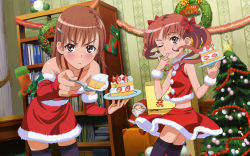  00s 2girls blush brown_hair cake christmas female_focus food fruit highres indoors misaka_mikoto multiple_girls ribbon shirai_kuroko short_hair strawberry toaru_kagaku_no_railgun toaru_majutsu_no_index  rating:Sensitive score:12 user:naotofan