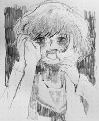 10s 1girl absurdres akiyama_yukari bad_id bad_twitter_id commentary_request cross finger_in_another&#039;s_mouth girls_und_panzer greyscale highres looking_at_viewer messy_hair monochrome ooarai_school_uniform open_mouth out_of_frame sabuko_(pooooo) sailor_collar school_uniform short_hair simple_background solo_focus teeth tongue rating:Sensitive score:8 user:danbooru