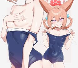  1girl animal_ears bare_shoulders blue_archive blush braid breasts brown_hair closed_mouth clothes_pull covered_navel covering_breasts covering_privates cowboy_shot fox_ears fox_girl gen_(unzzenasd) hair_rings halo highres loli looking_at_viewer multiple_views off_shoulder old_school_swimsuit one-piece_swimsuit purple_eyes rumi_(blue_archive) rumi_(small)_(blue_archive) school_swimsuit short_hair simple_background small_breasts smile standing swimsuit topless_female undressing white_background 