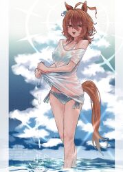  1girl absurdres agnes_tachyon_(umamusume) ahoge animal_ears bikini blue_bikini blue_sky blush breasts brown_hair cloud commentary_request feet_out_of_frame hair_between_eyes highres horse_ears horse_girl lens_flare looking_at_viewer ocean open_mouth outdoors see-through_clothes shirt short_hair side-tie_bikini_bottom sky smile solo swimsuit t-shirt teeth tonariuta umamusume upper_teeth_only wading watermark wet wet_clothes wet_shirt 